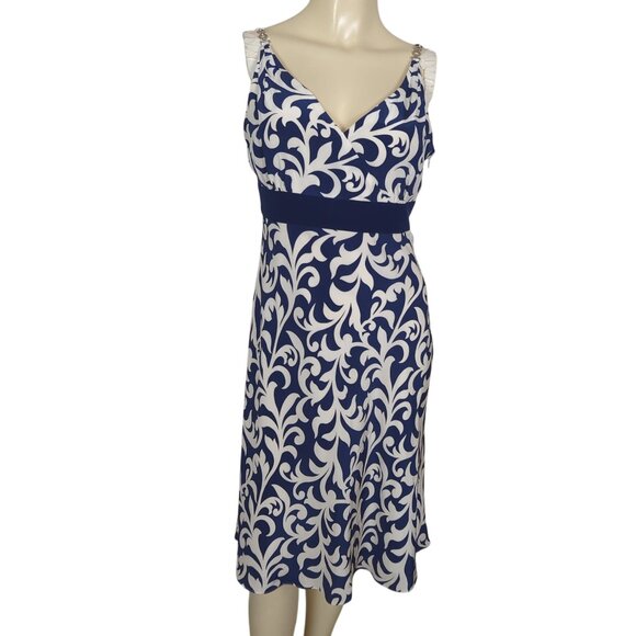 Ann Taylor Silk Slip Dress Blue White Sleeveless V-Neck Spaghetti strap Summer 4 - Picture 3 of 16